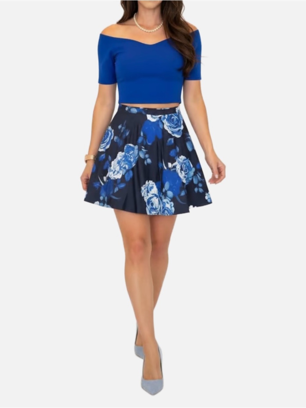 2 Piece Bundle B Darlin Blue Cropped Top and Floral  Skirt Homecoming Size 11/12